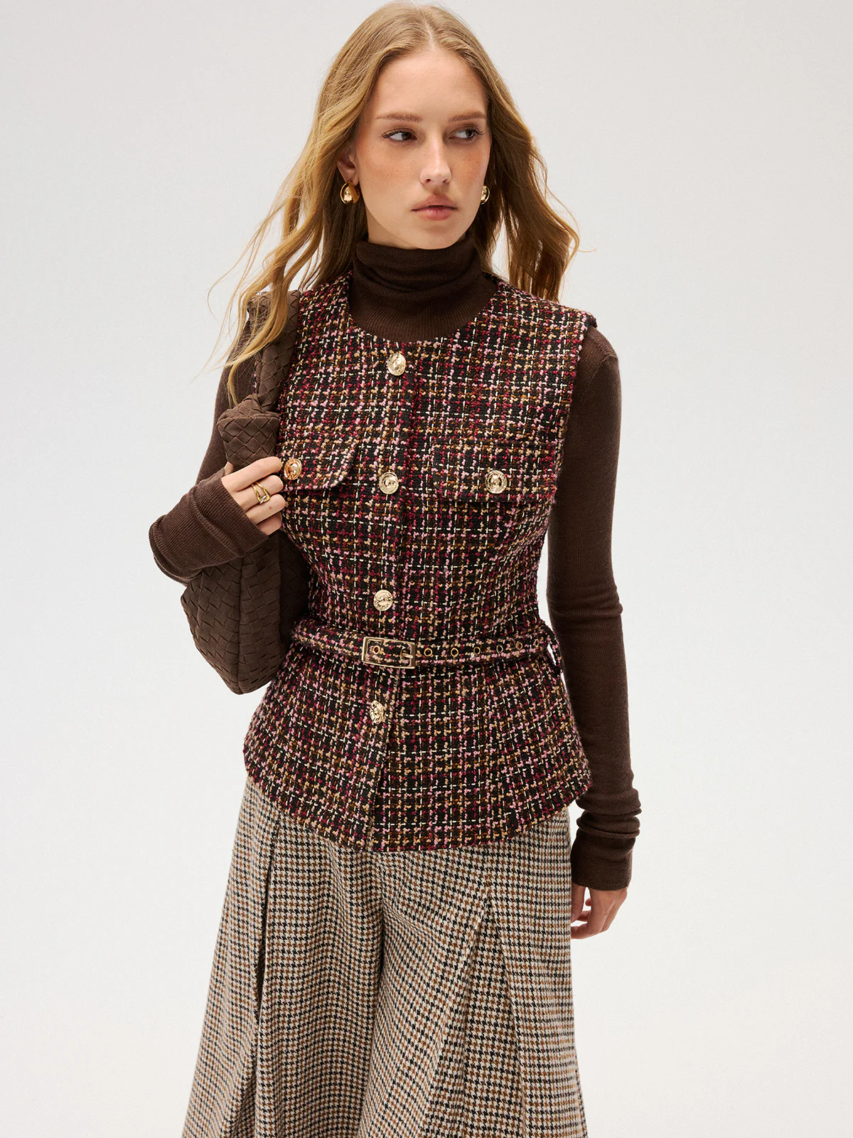 Belted Tweed Sleeveless Vest