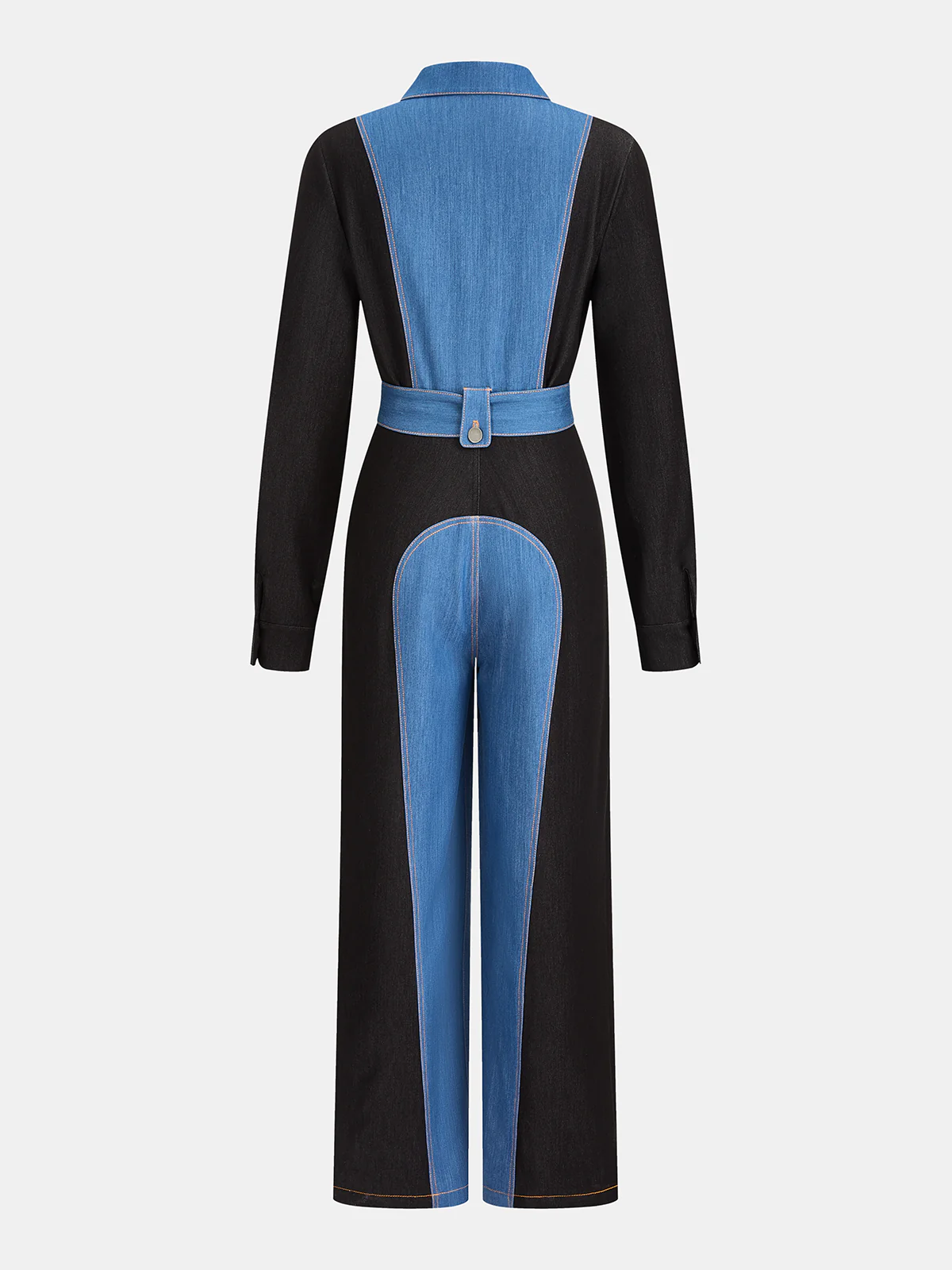 Belted Zipper Front Two-Tone Denim Jumpsuit - Image 2