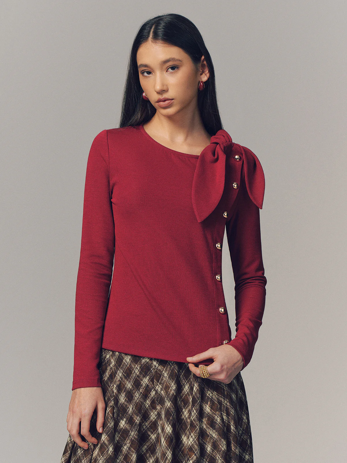 Bow Accent Asymmetric Button Detail Top - Image 2