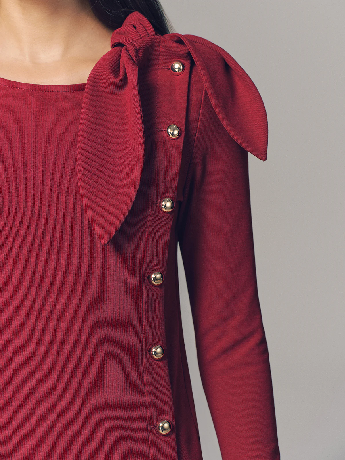 Bow Accent Asymmetric Button Detail Top - Image 3