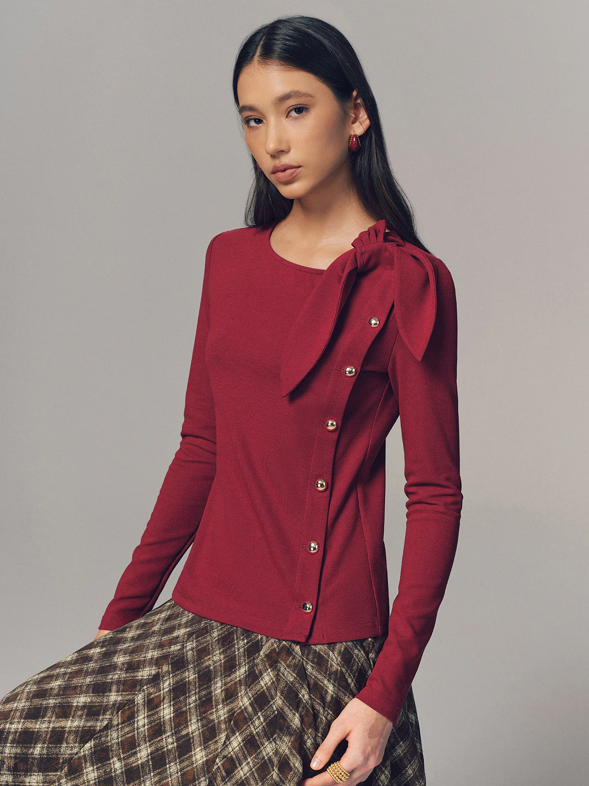 Bow Accent Asymmetric Button Detail Top - Image 4