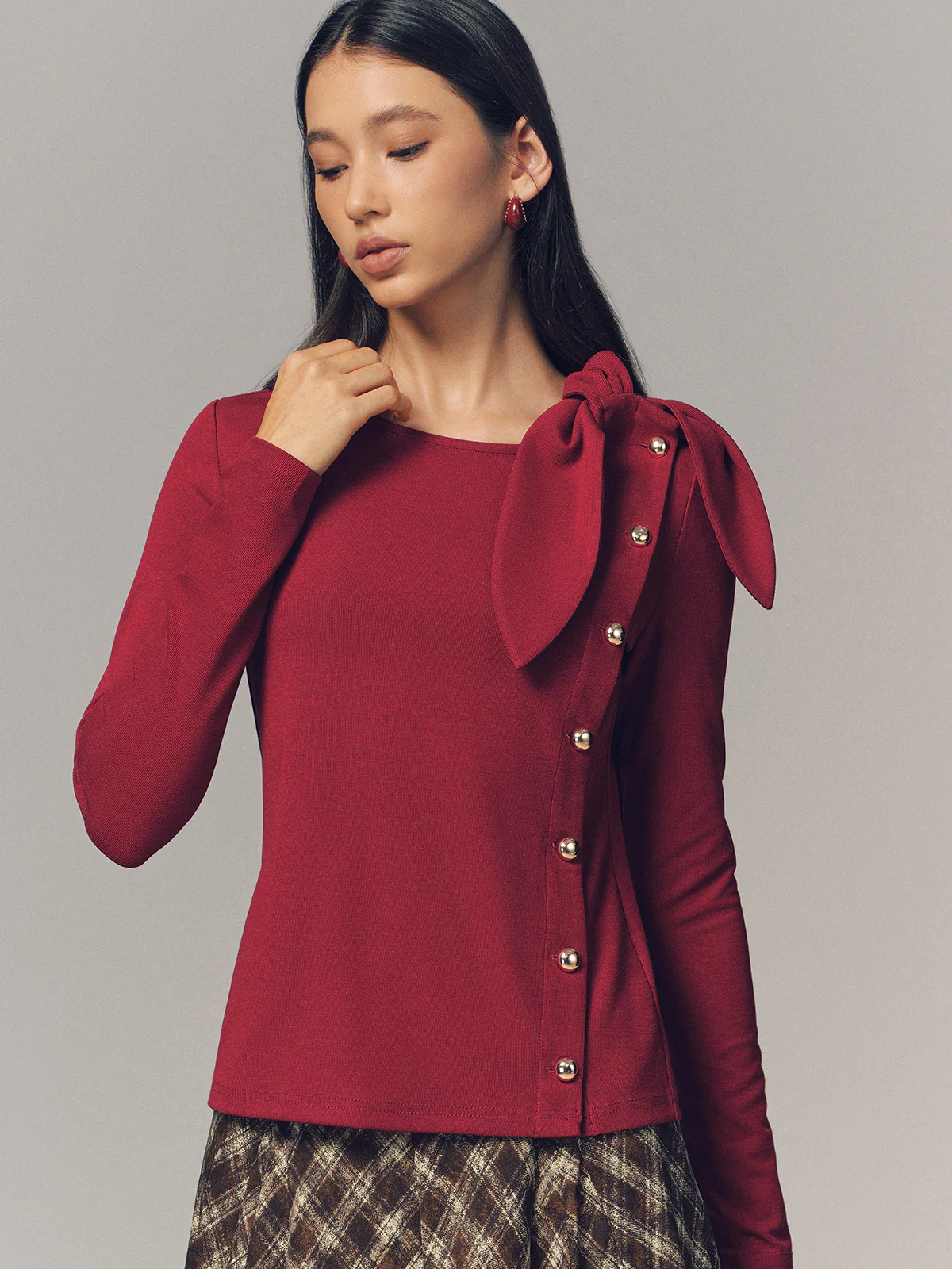 Bow Accent Asymmetric Button Detail Top - Image 5