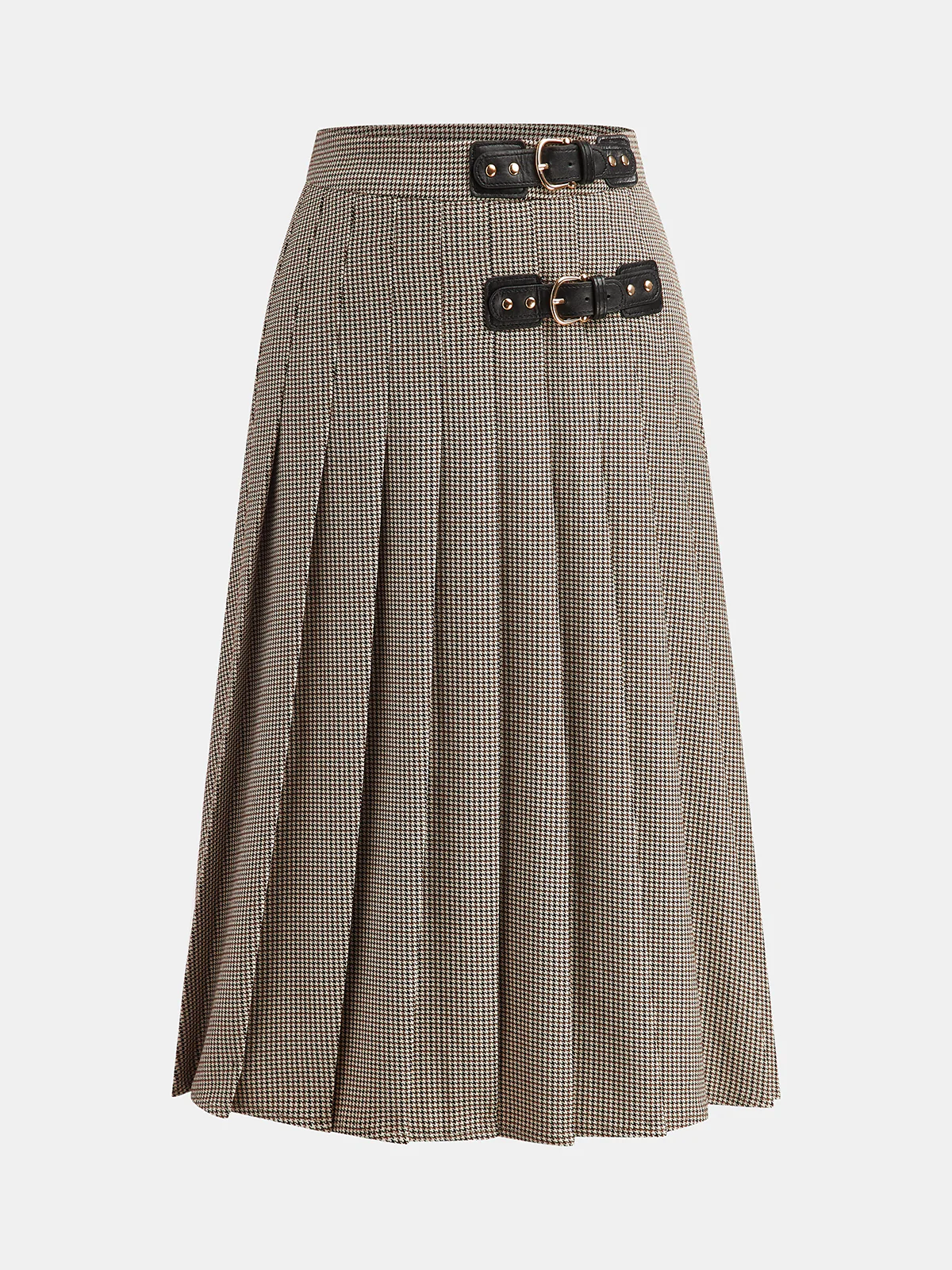 Buckle Detail Houndstooth Pleated Midi Skirt
