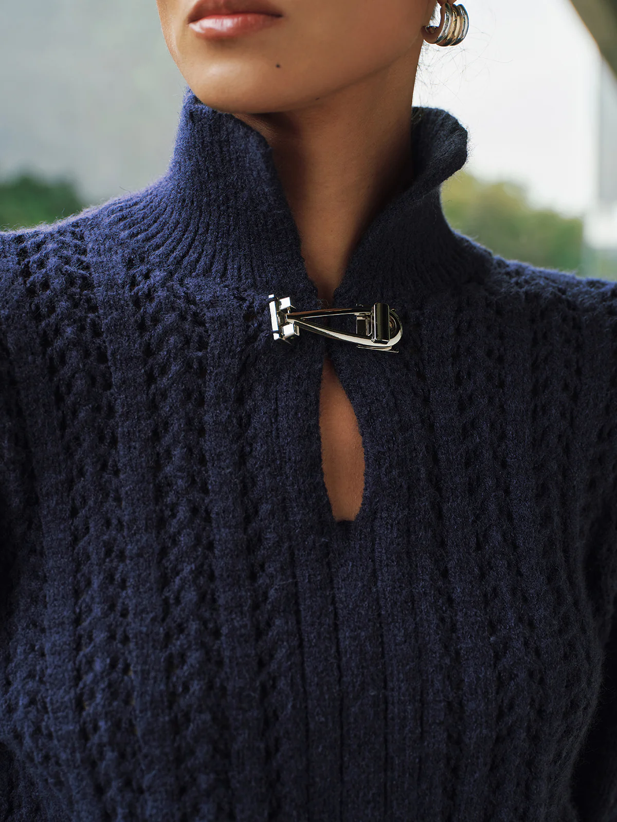 Cable-Knit Polo Collar Buckle-Detail Sweater - Image 2