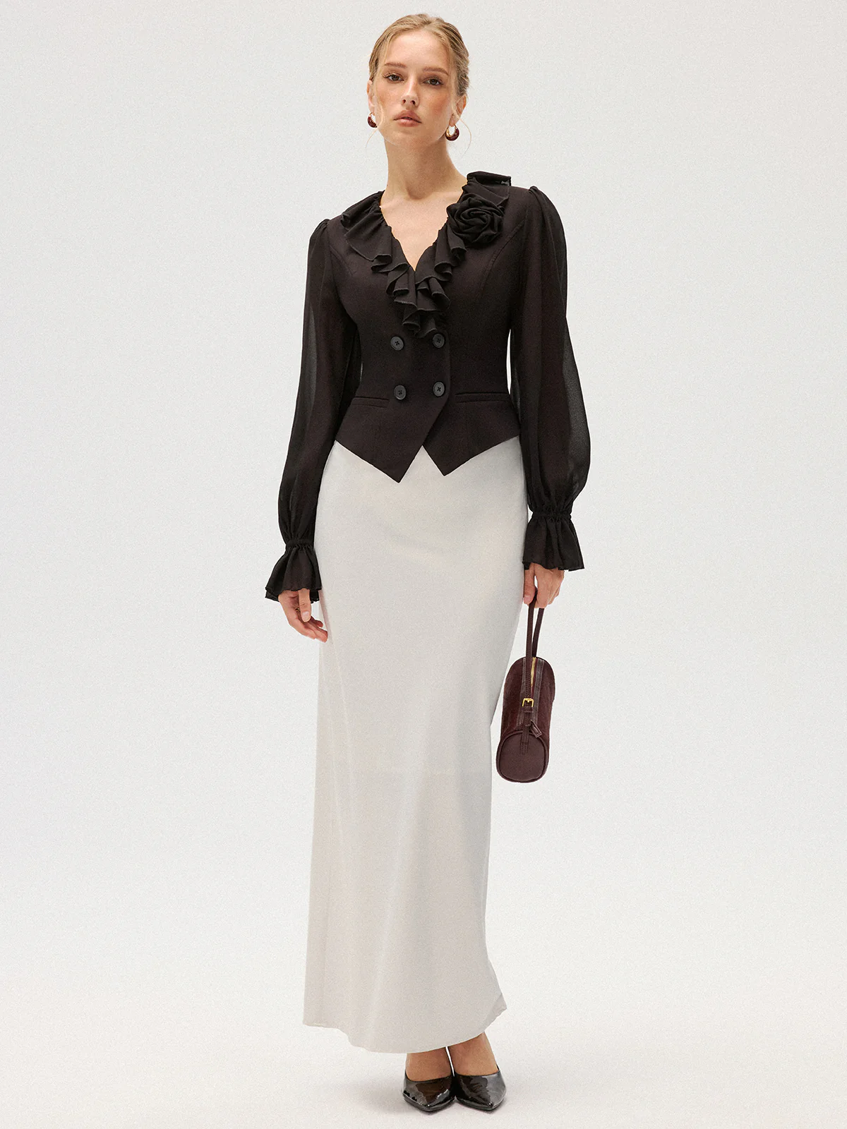 Chiffon Ruffle Rose Double-Breasted Blouse - Image 2