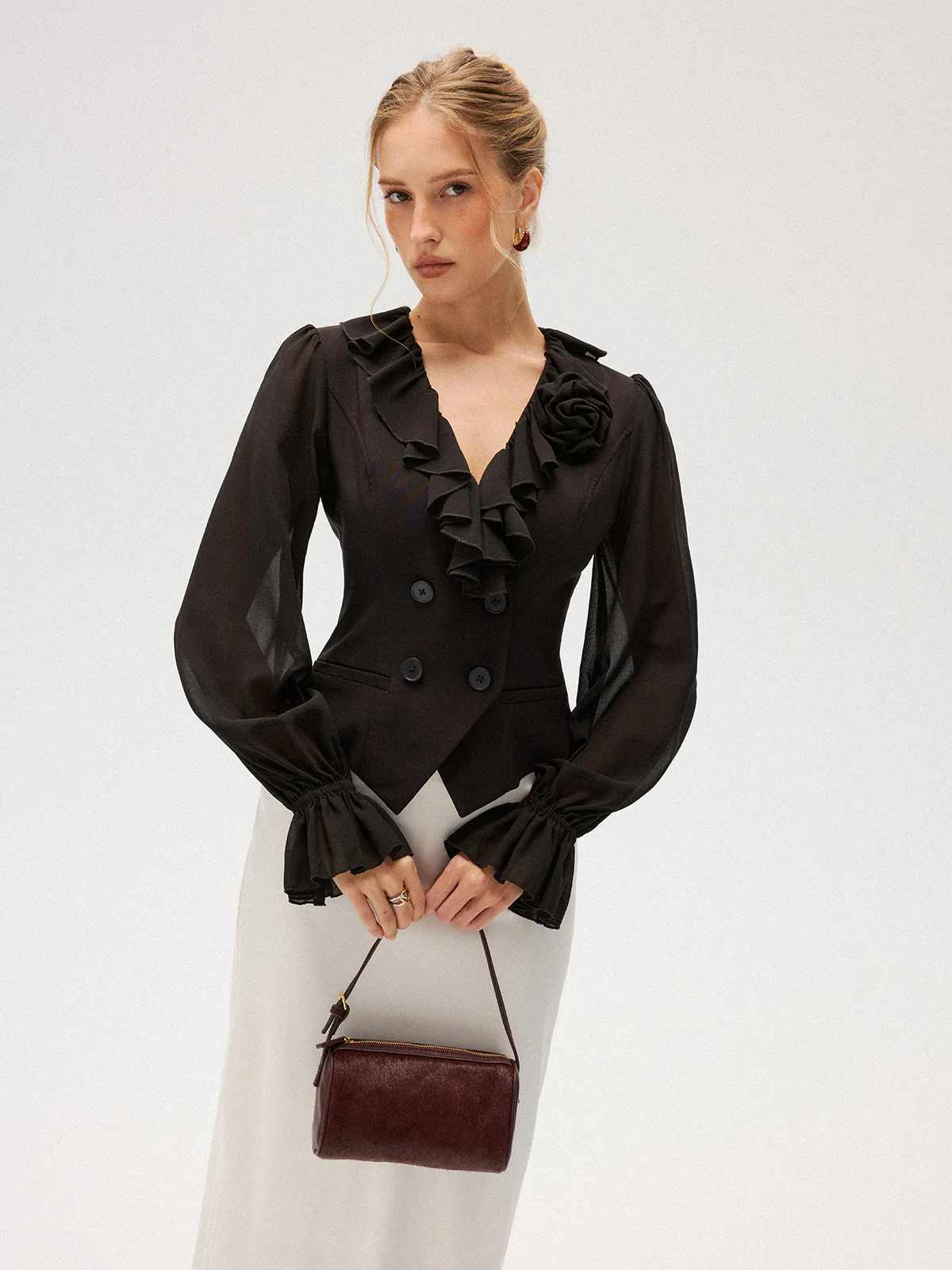 Chiffon Ruffle Rose Double-Breasted Blouse - Image 6