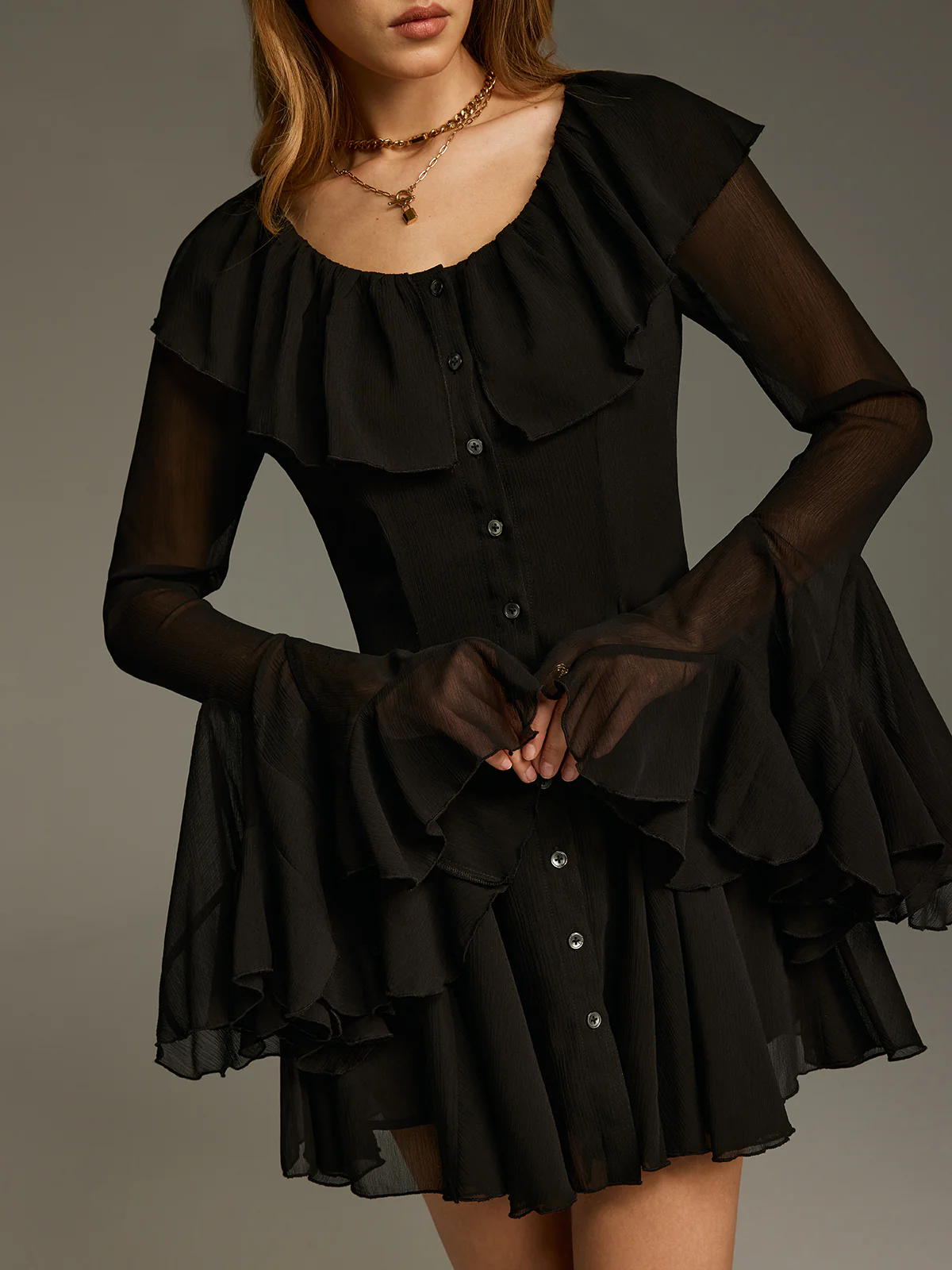 Chiffon Ruffled Bell-Sleeve Mini Dress - Image 5