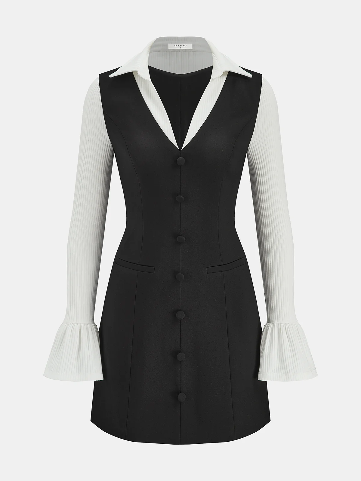 Collared Knit Flared Sleeve Panel Mini Dress