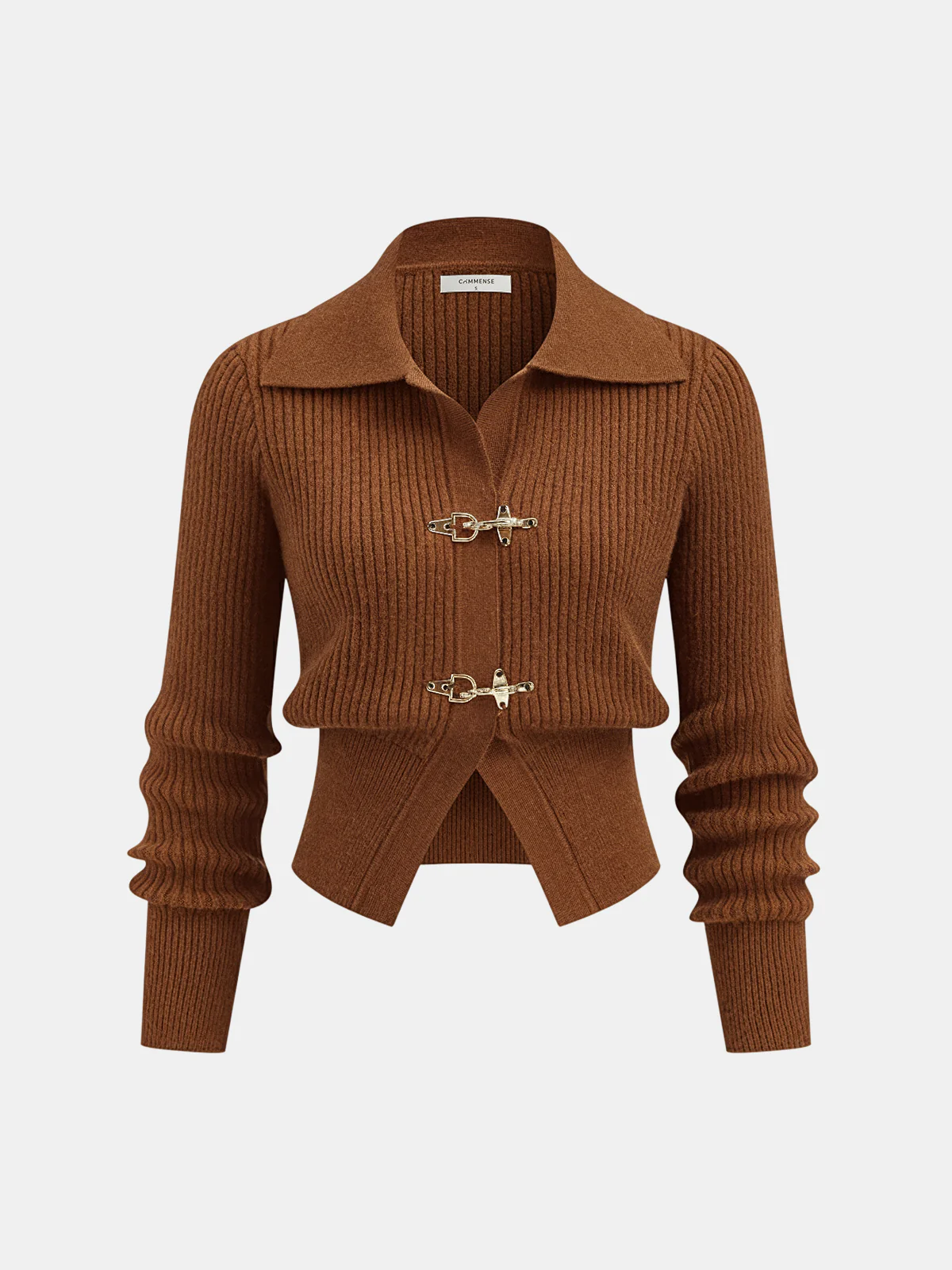 Collared Metal Buckle Ribbed Cropped Sweater - Image 7