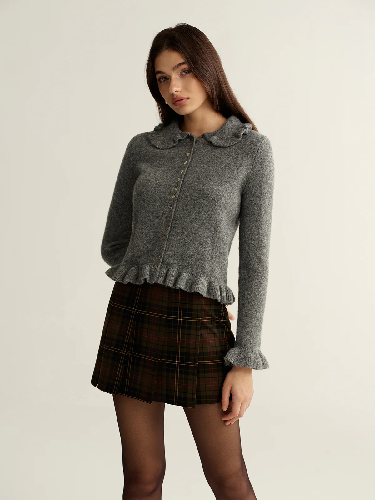 Collared Wool-Blend Ruffled Cardigan - Image 4