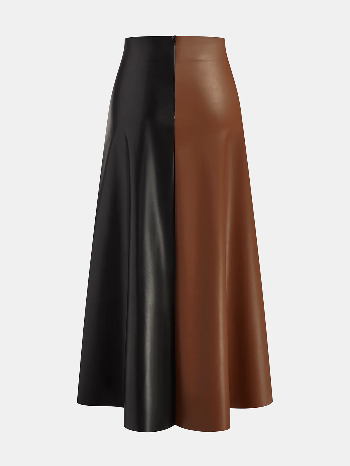 Color Block Asymmetric Faux Leather Midi Skirt - Image 2