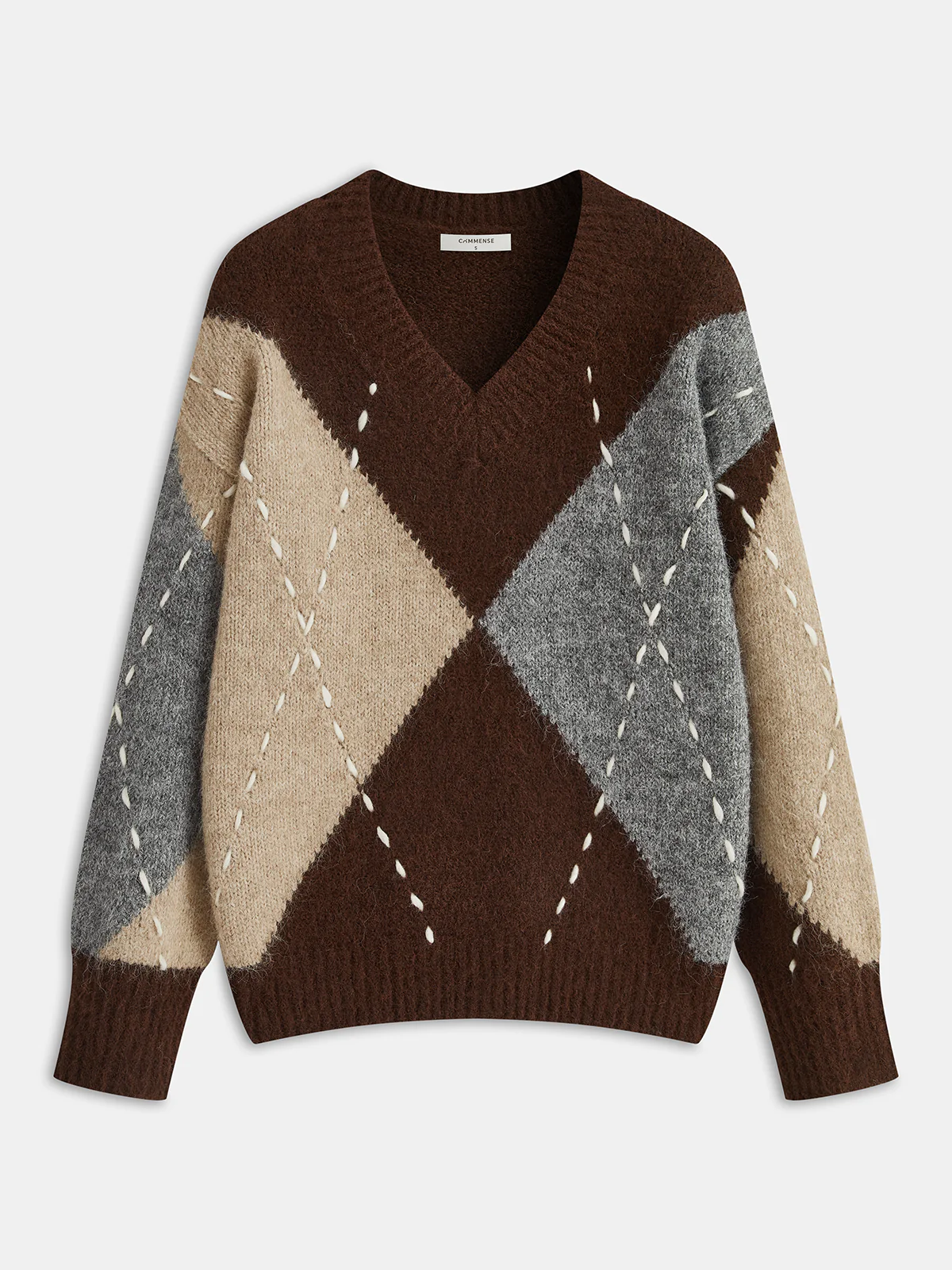 Colorblock Gingham Plaid V-Neck Knit Sweater