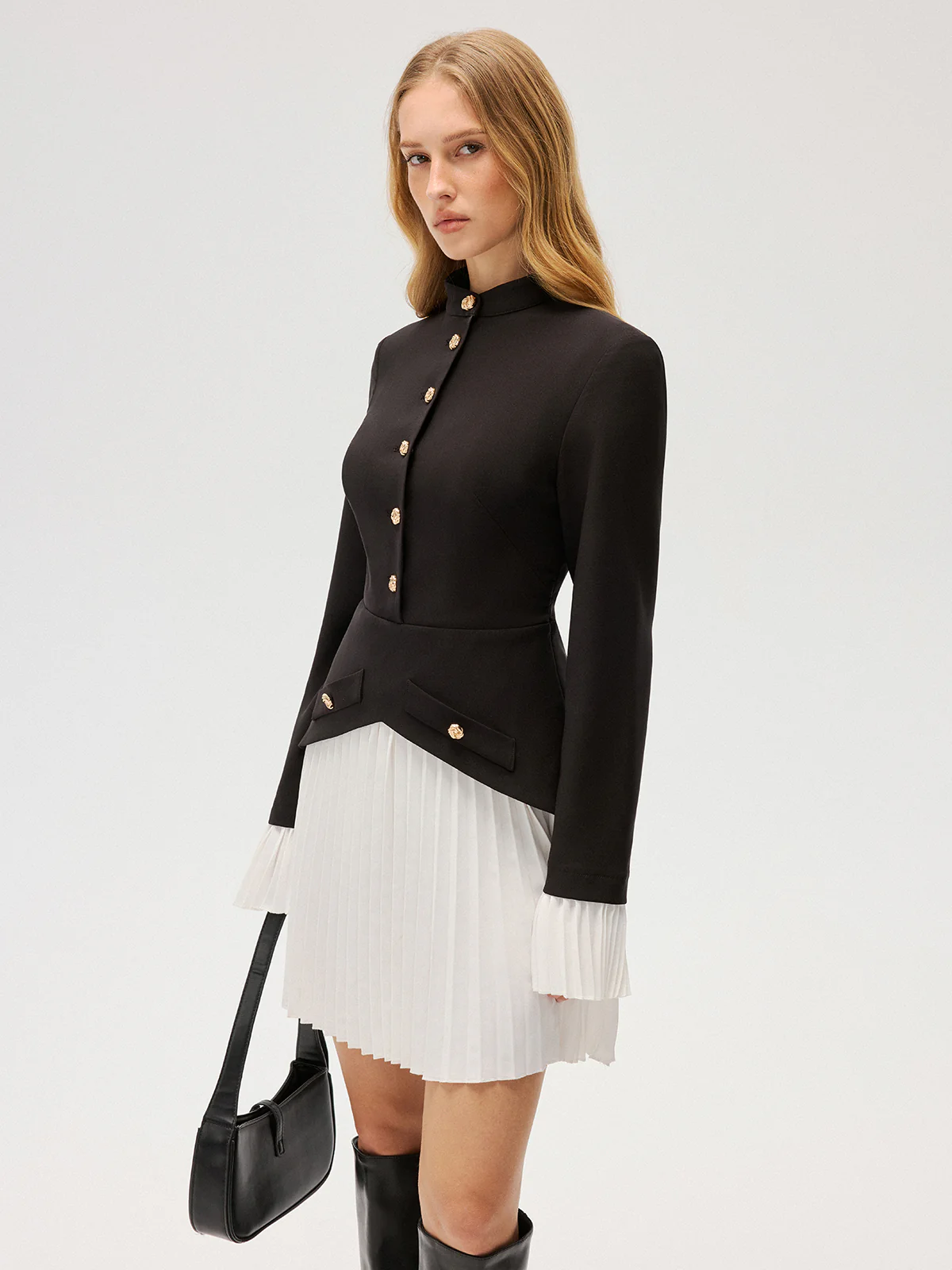 Contrast Pleated Panel Buttoned Mini Dress