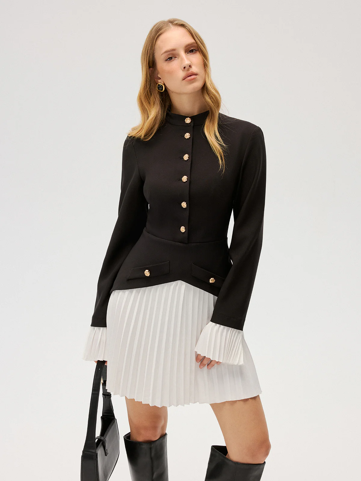 Contrast Pleated Panel Buttoned Mini Dress - Image 5