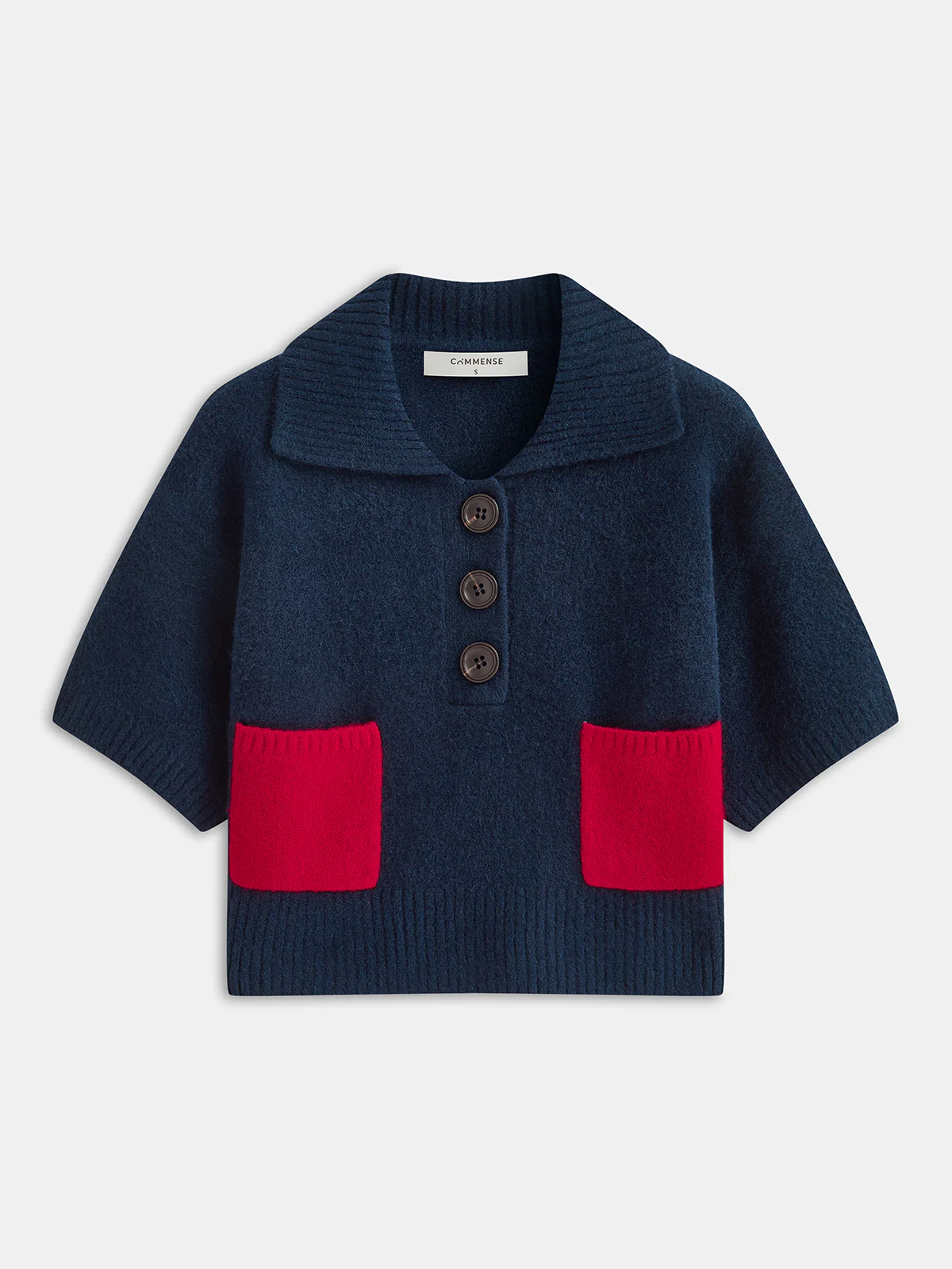Contrast Pocket Polo-Collar Short-Sleeve Sweater