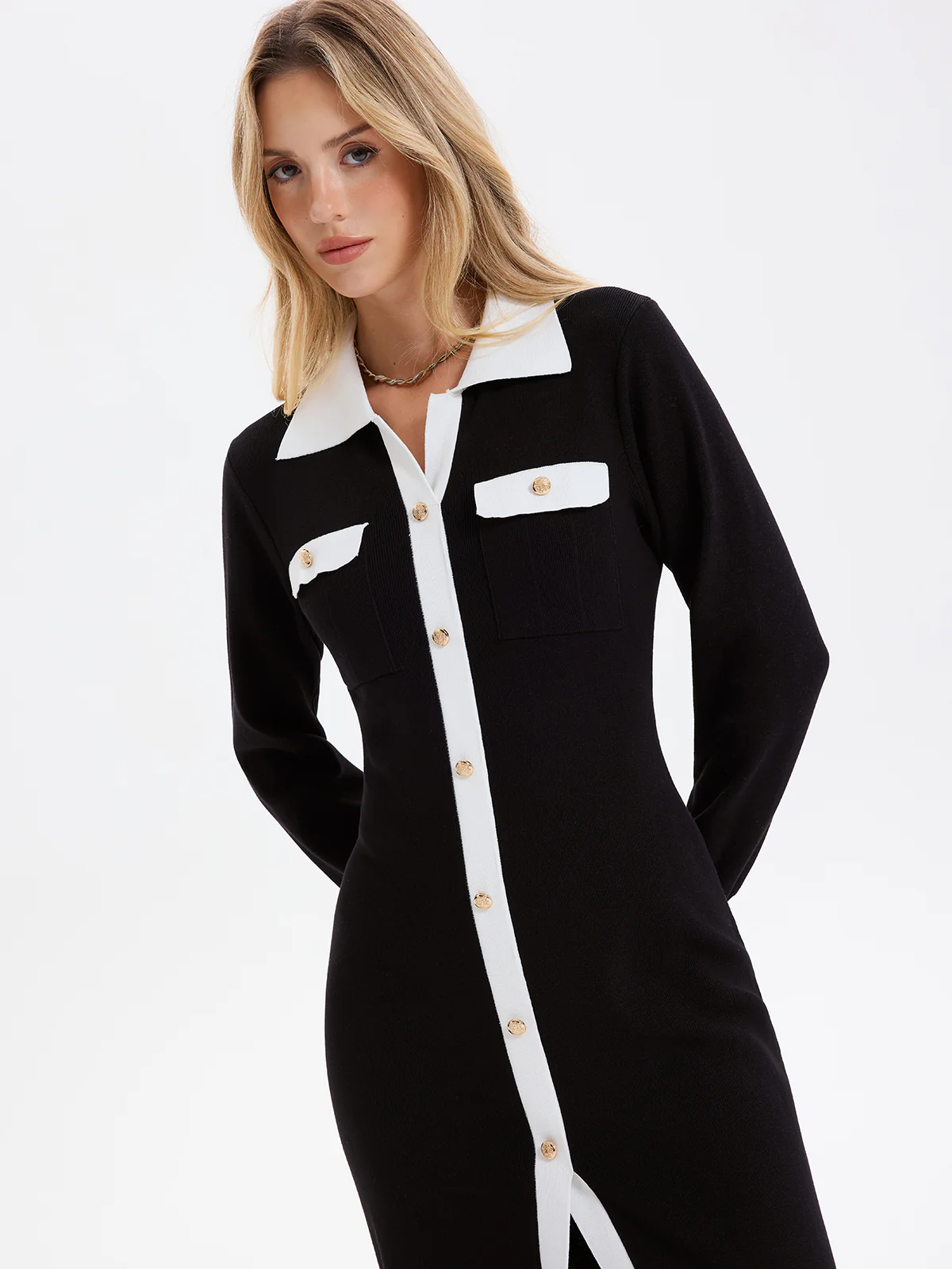 Contrast Trim Decor Pockets Split Hem Shirt Dress - Image 5