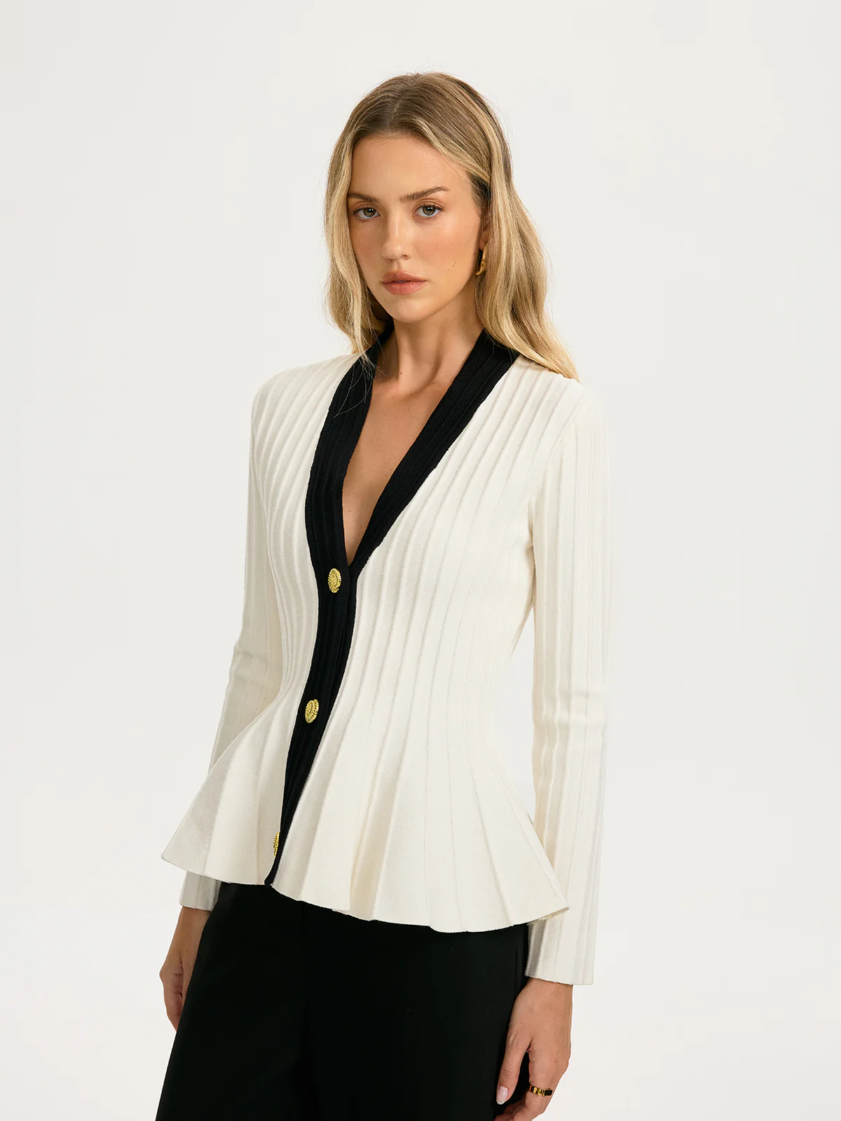 Contrast-Trim Deep V-Neck Peplum Cardigan - Image 2