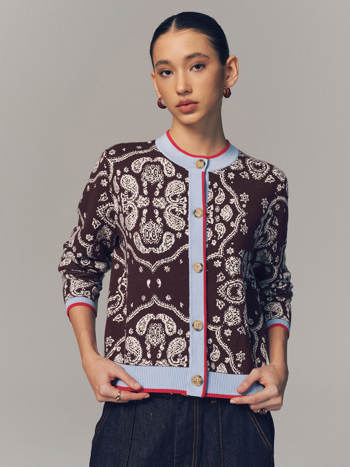 Contrast Trim Paisley Knit Cardigan - Image 5