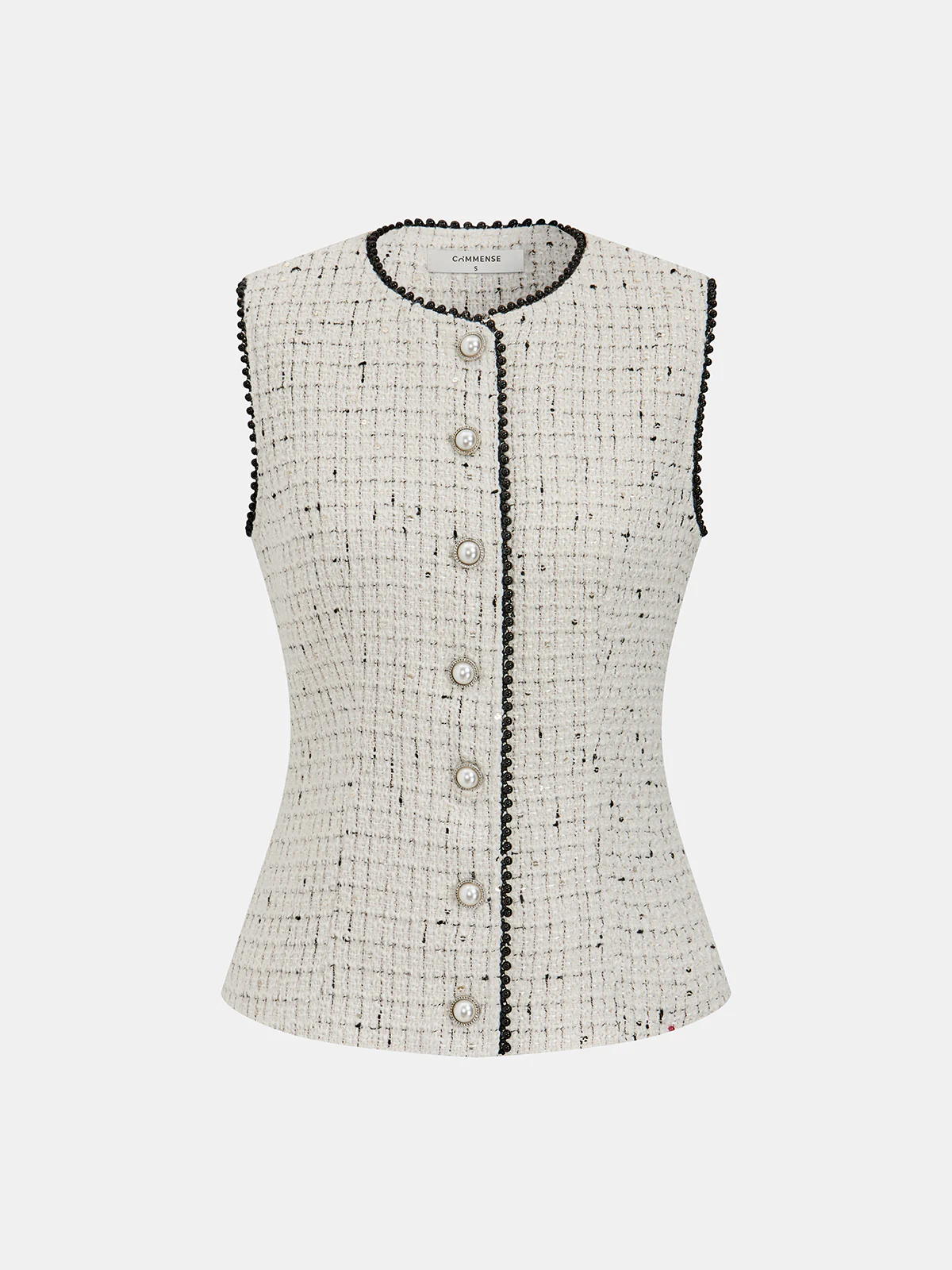 Contrast Trim Pearl Button Tweed Sleeveless Vest