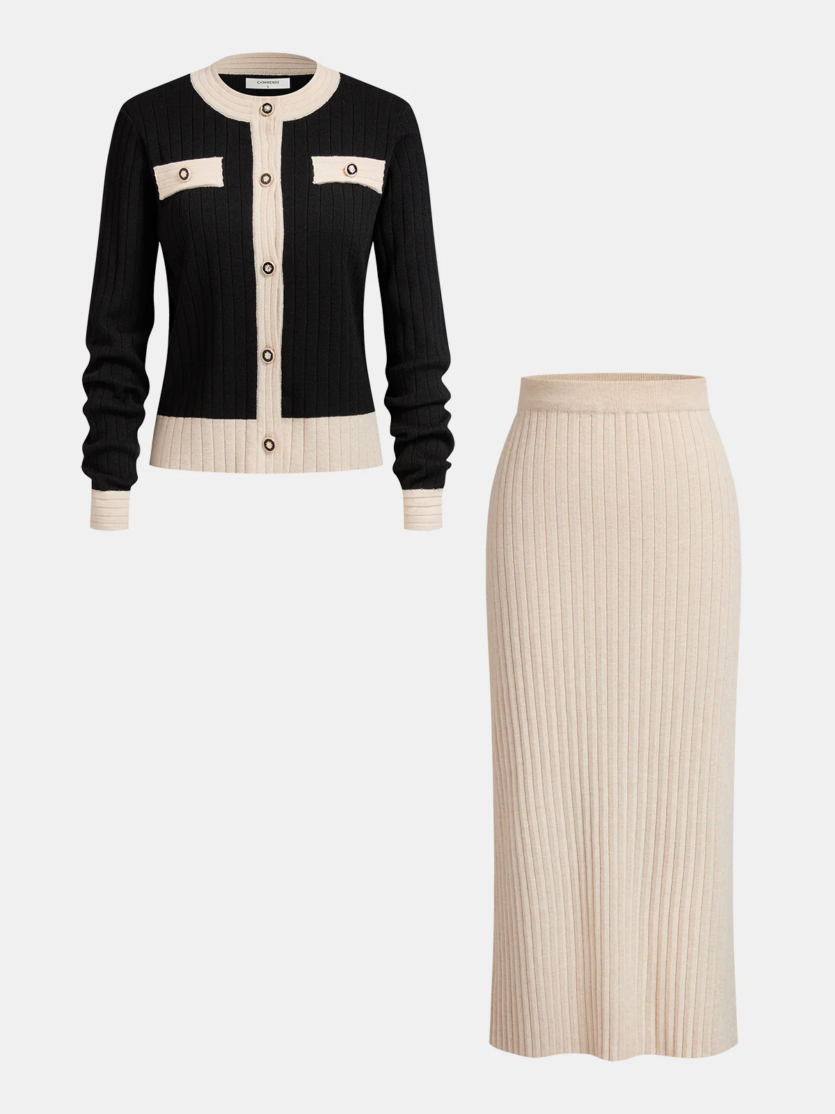 Contrast-Trim Rib-Knit Cardigan & Midi Skirt Set