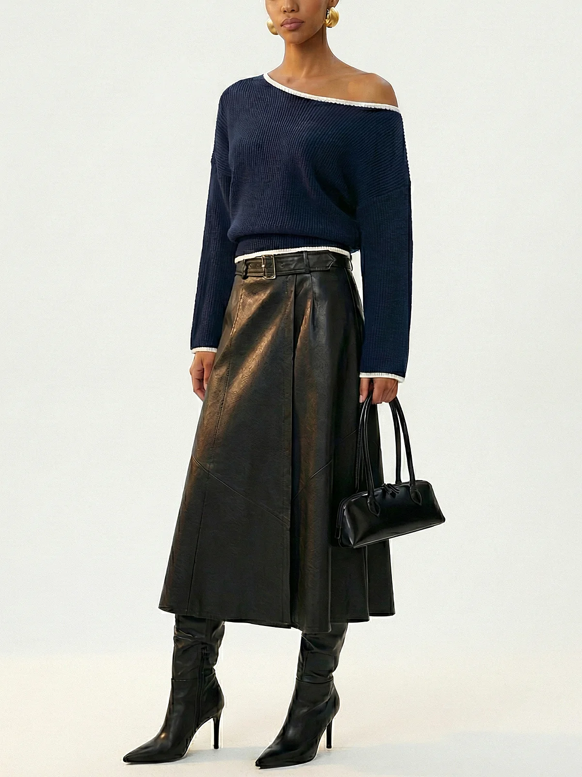 Contrast Trim Ribbed Off-Shoulder Sweater