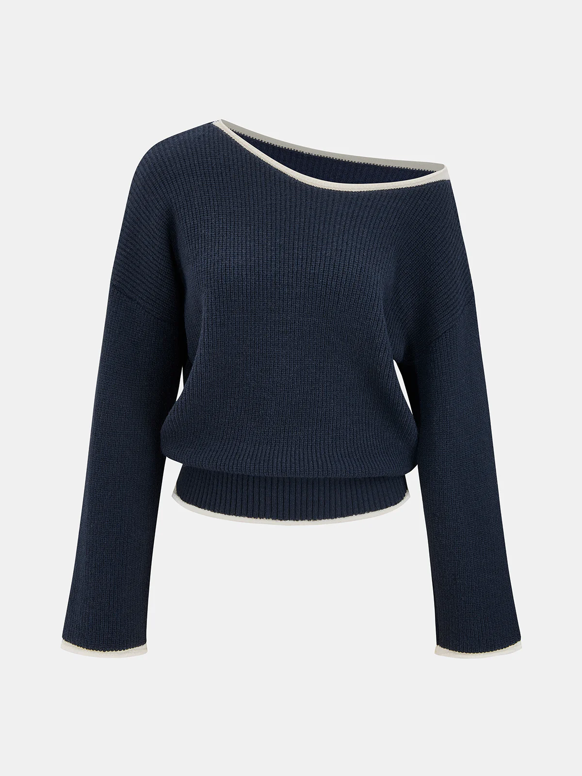 Contrast Trim Ribbed Off-Shoulder Sweater - Image 2