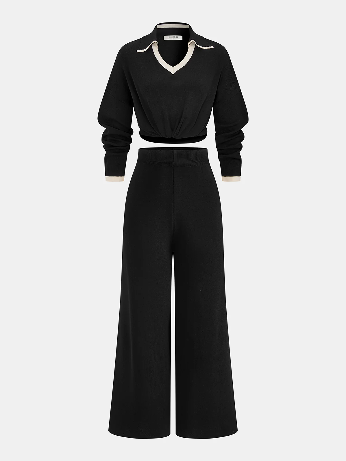 Contrast Trim Twisted Top & Wide-Leg Pants Set - Image 8