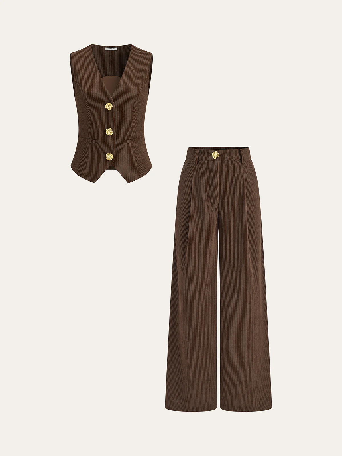 Corduroy Metal Button Vest & Wide-Leg Pants Set