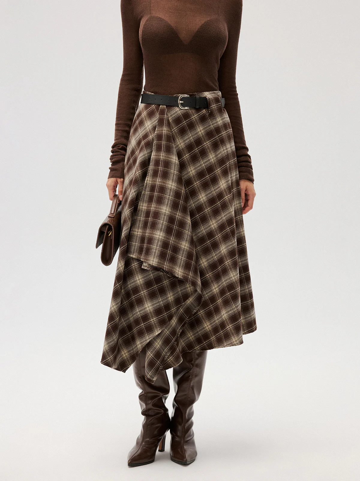 Cotton-Blend Plaid Asymmetric Maxi Skirt without Belt - Image 2