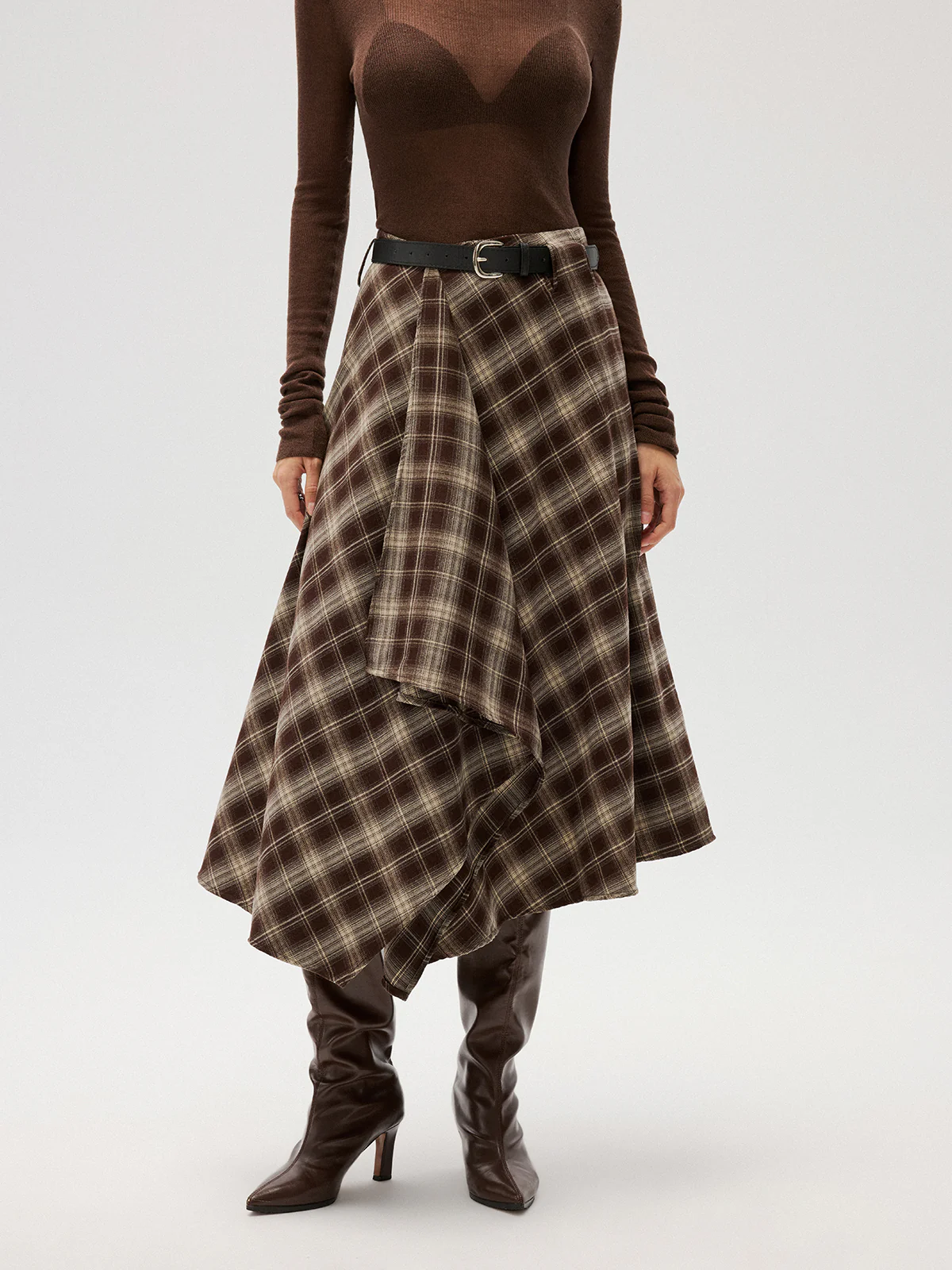 Cotton-Blend Plaid Asymmetric Maxi Skirt without Belt - Image 4