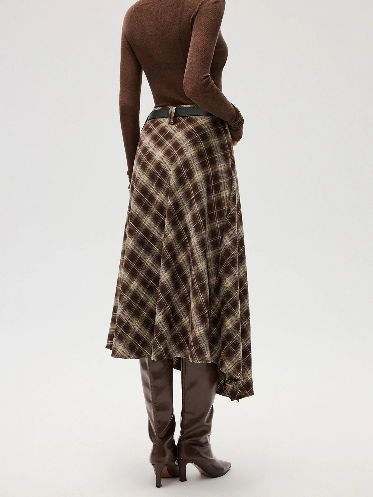 Cotton-Blend Plaid Asymmetric Maxi Skirt without Belt - Image 5