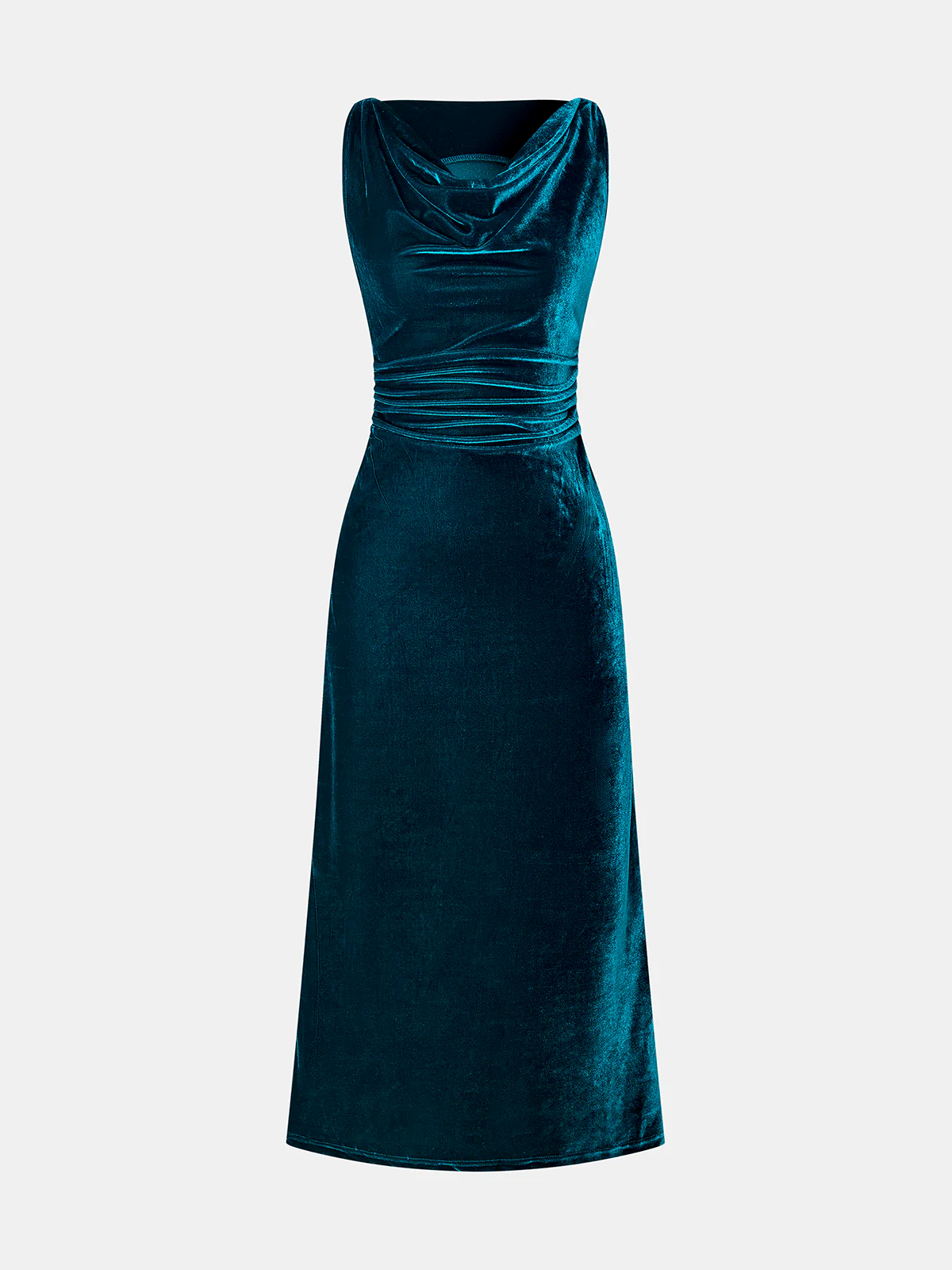 Cowl Neck Ruched Velvet Sleeveless Dress