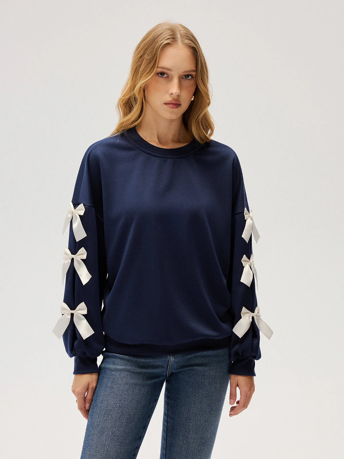 Crew Neck Bow Accent Sweatshirt - Image 6