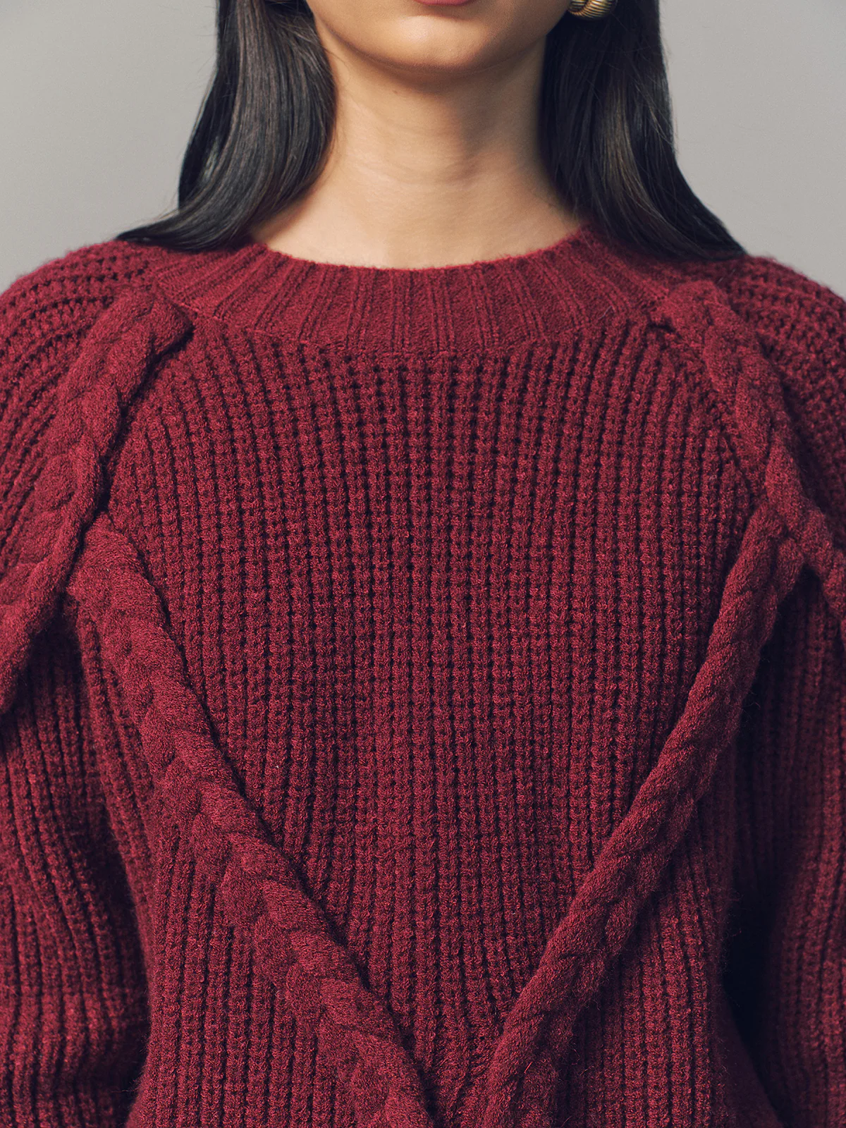 Crew Neck Twisted Cable-Knit Sweater - Image 3