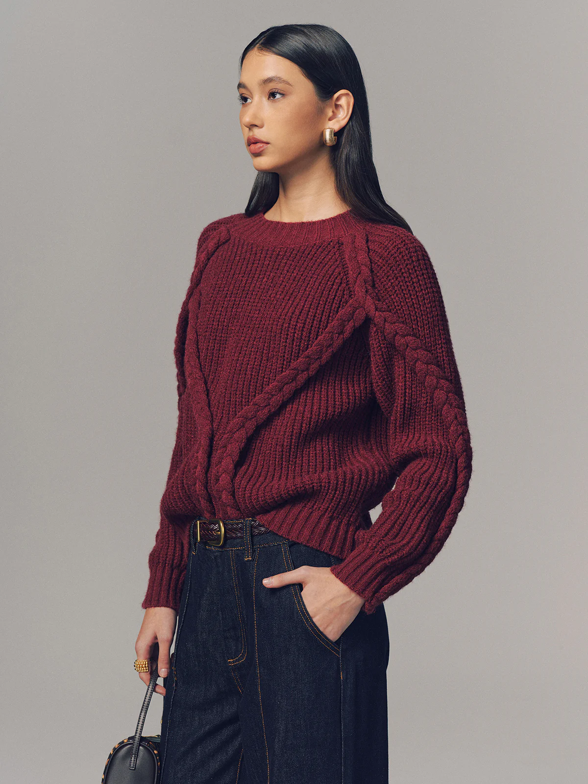 Crew Neck Twisted Cable-Knit Sweater - Image 4