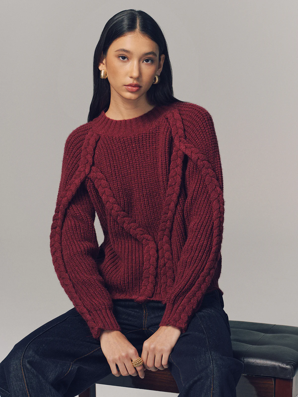 Crew Neck Twisted Cable-Knit Sweater - Image 5