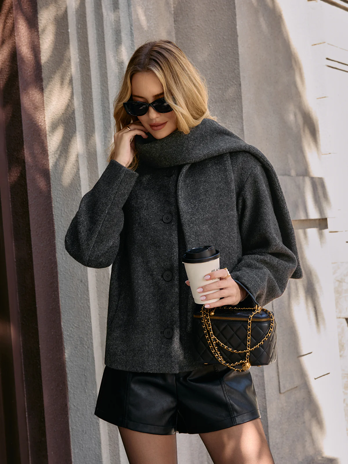 Cropped Bouclé Coat with Scarf - Image 3