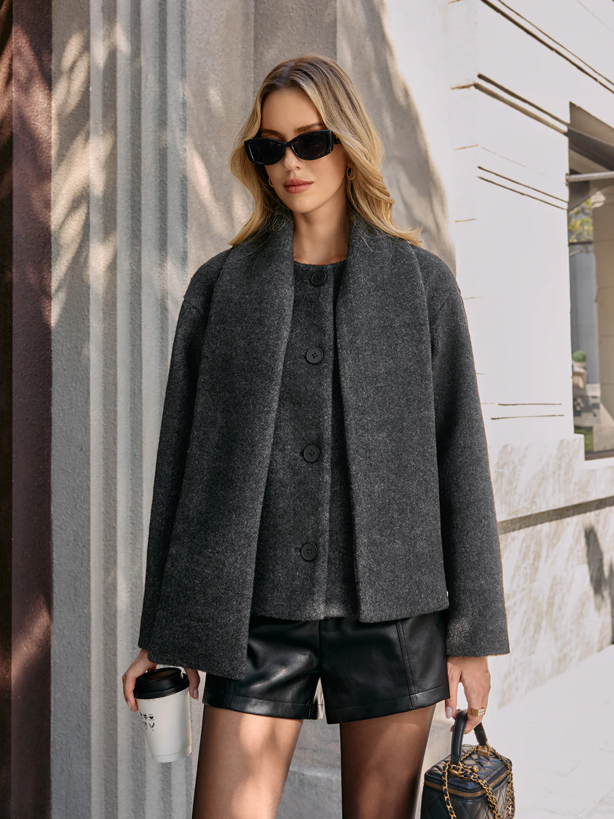 Cropped Bouclé Coat with Scarf - Image 5