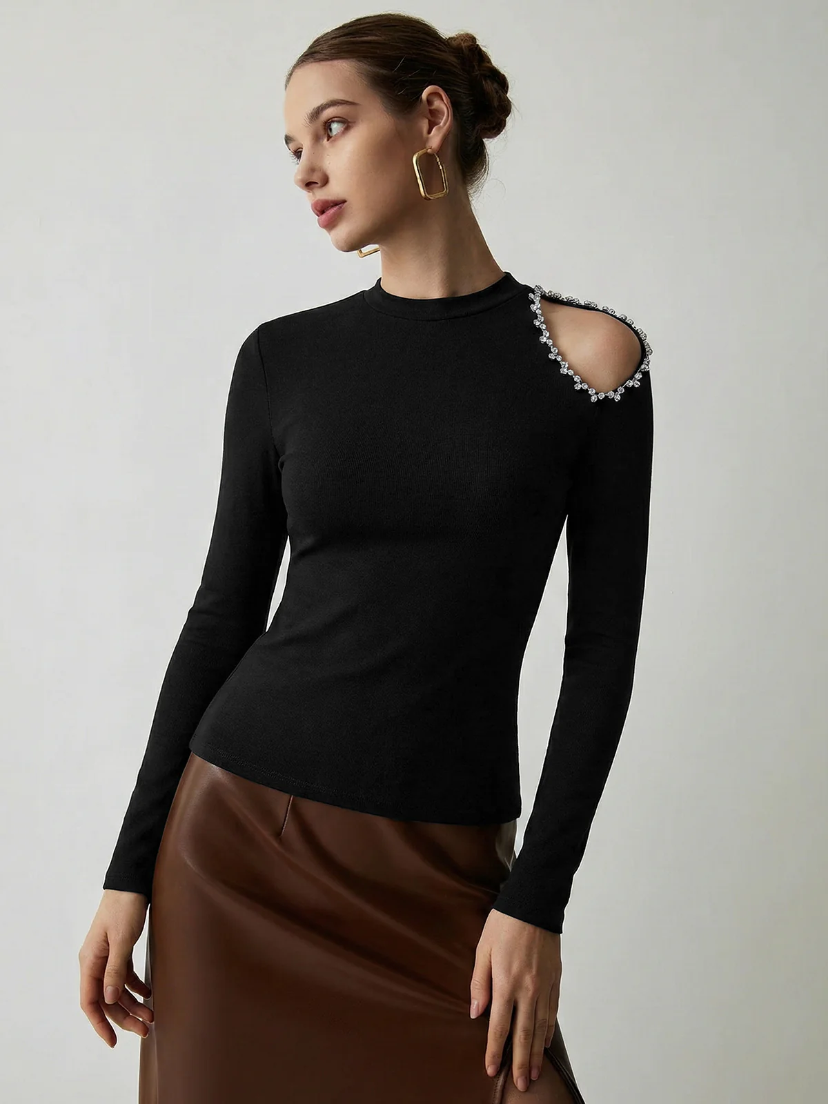 Crystal Detail Cold Shoulder Long-Sleeve Top