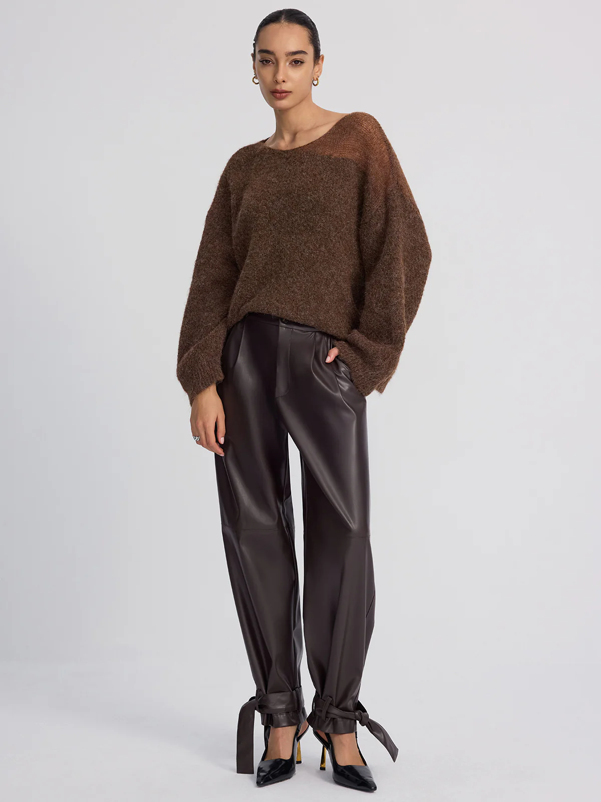 Cuff-Tie Faux Leather Tapered Pants - Image 2