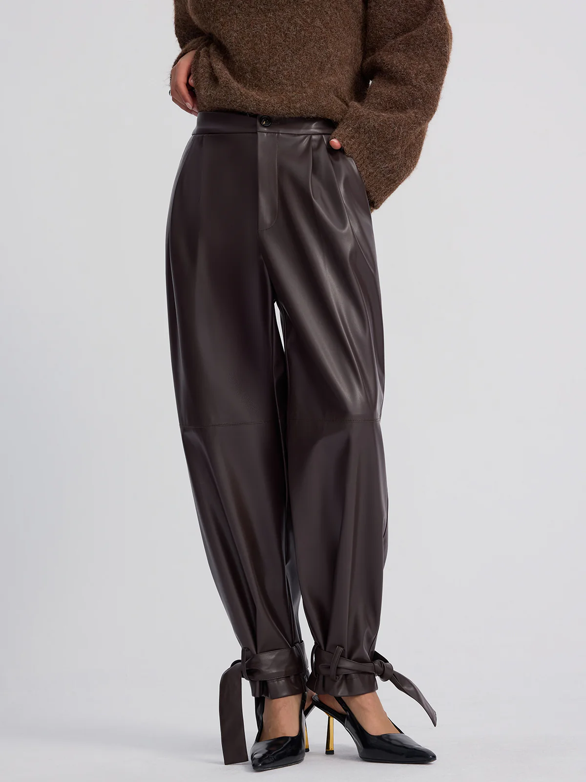 Cuff-Tie Faux Leather Tapered Pants - Image 4