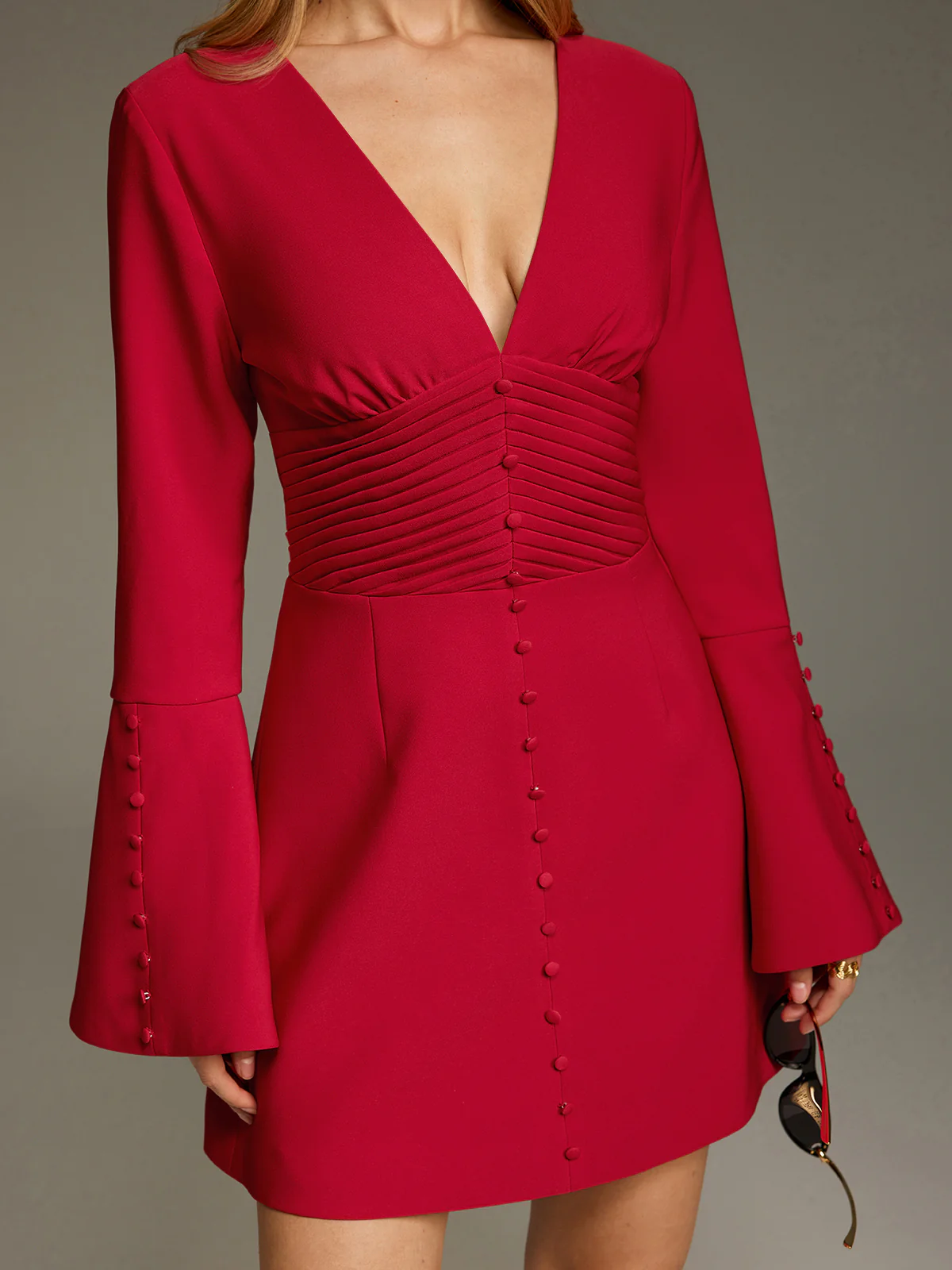 Deep V Ruched Bell-Sleeve Mini Dress