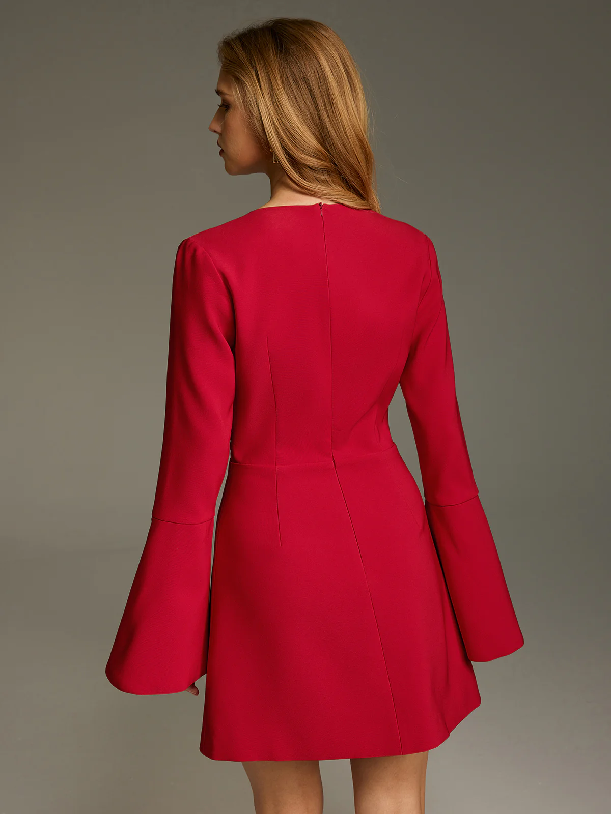 Deep V Ruched Bell-Sleeve Mini Dress - Image 5