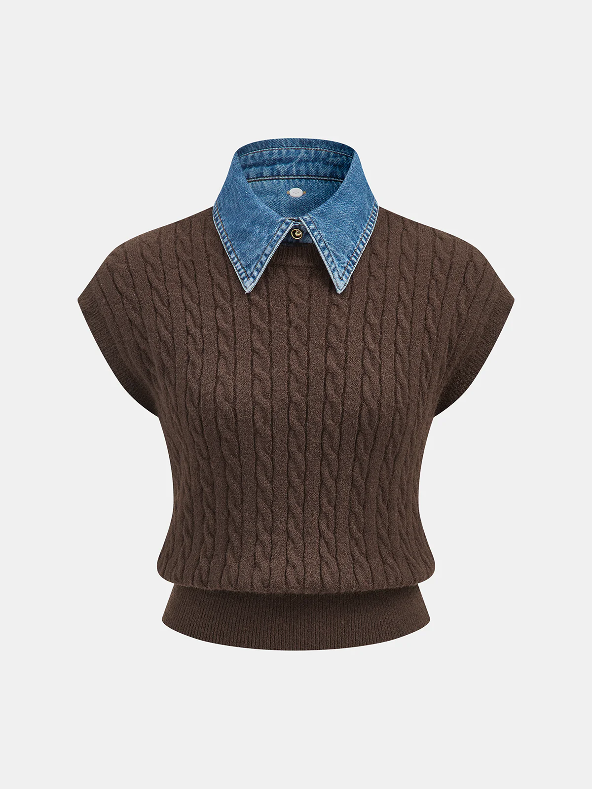 Denim Collar Cable-Knit Sleeveless Vest