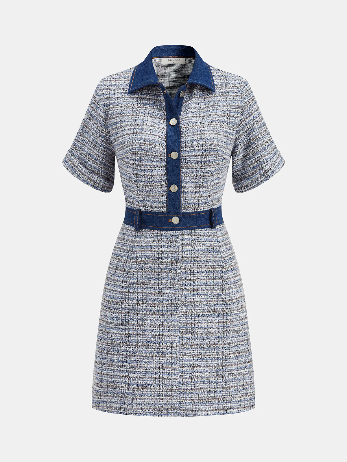 Denim Panel Tweed Mini Shirt Dress