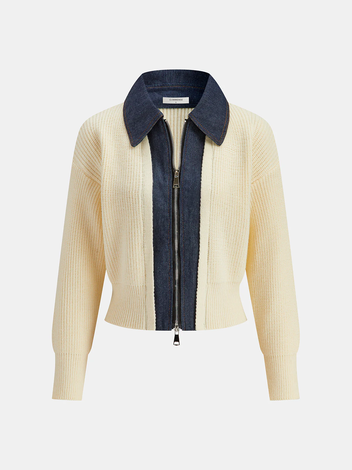 Denim Panel Zip Knitted Cardigan - Image 5