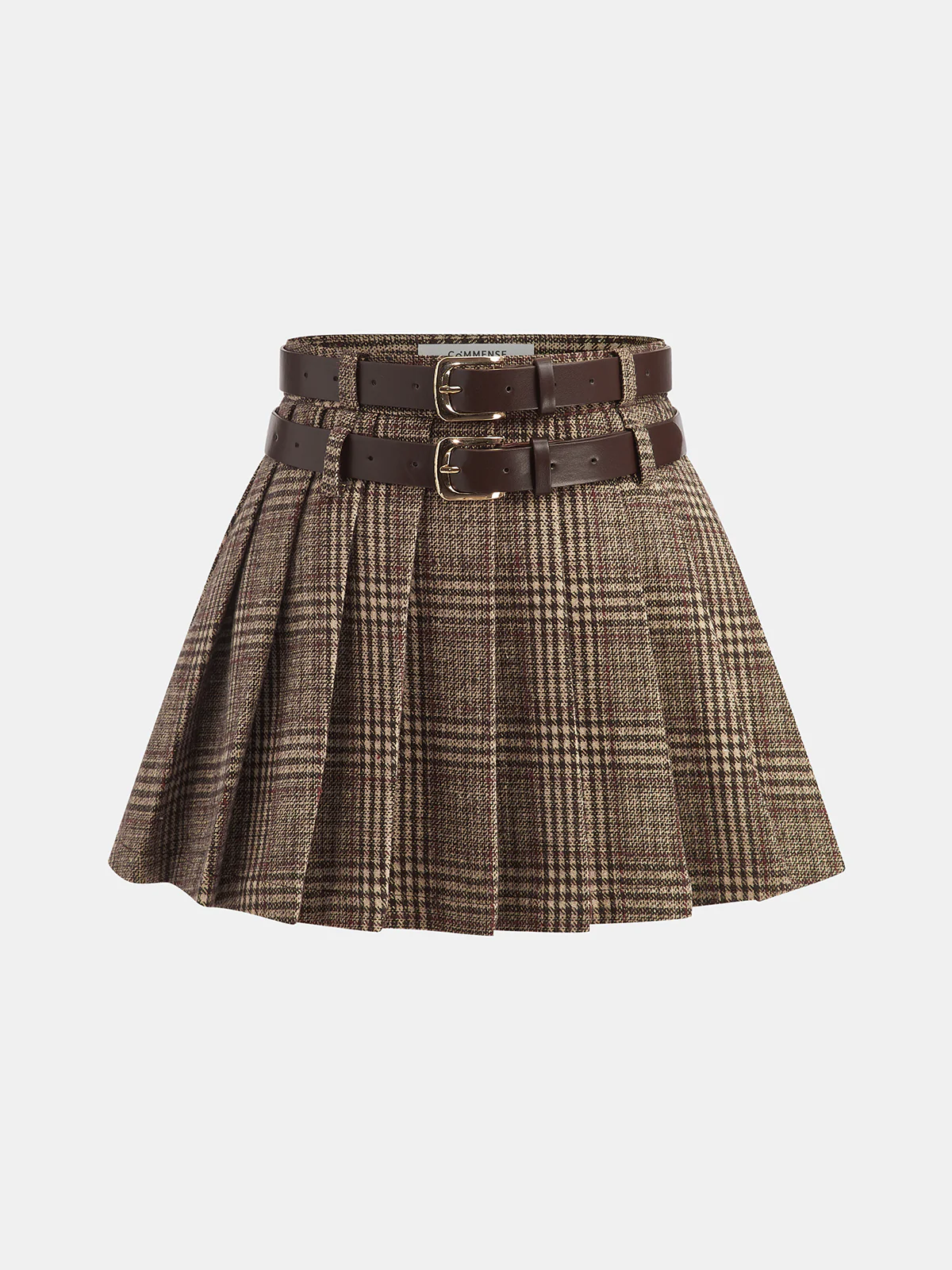 Double Belt Plaid Pleated Mini Skirt