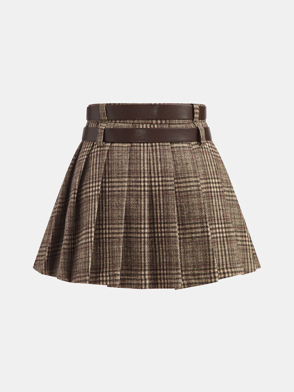 Double Belt Plaid Pleated Mini Skirt - Image 2