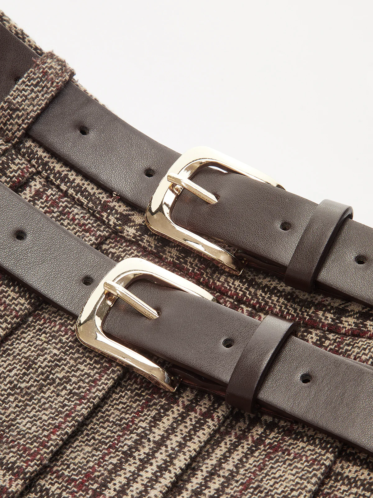 Double Belt Plaid Pleated Mini Skirt - Image 3