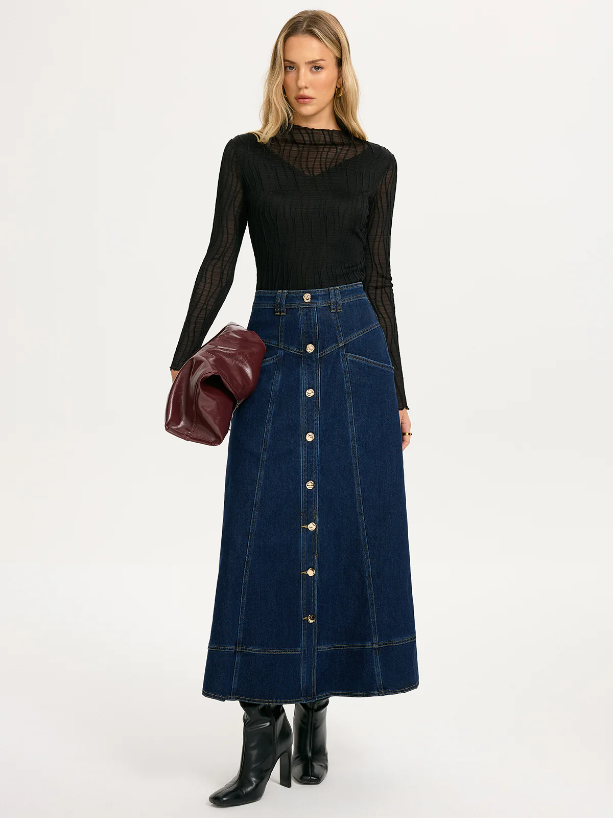 Double-Layer Textured Sheer Long-Sleeve Top - Image 2